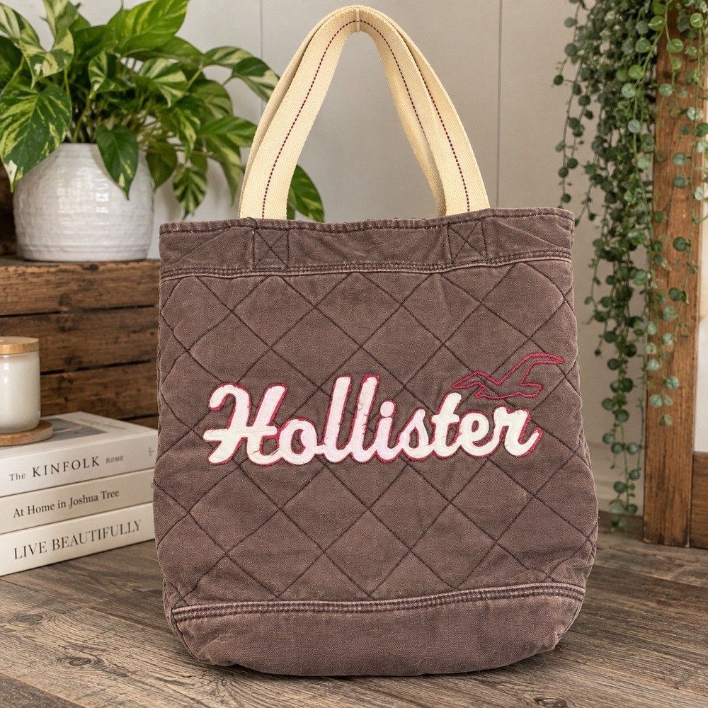 Hollister California Quilted Canvas Tote Bag Brown Embroidered Logo Y2K Vintage